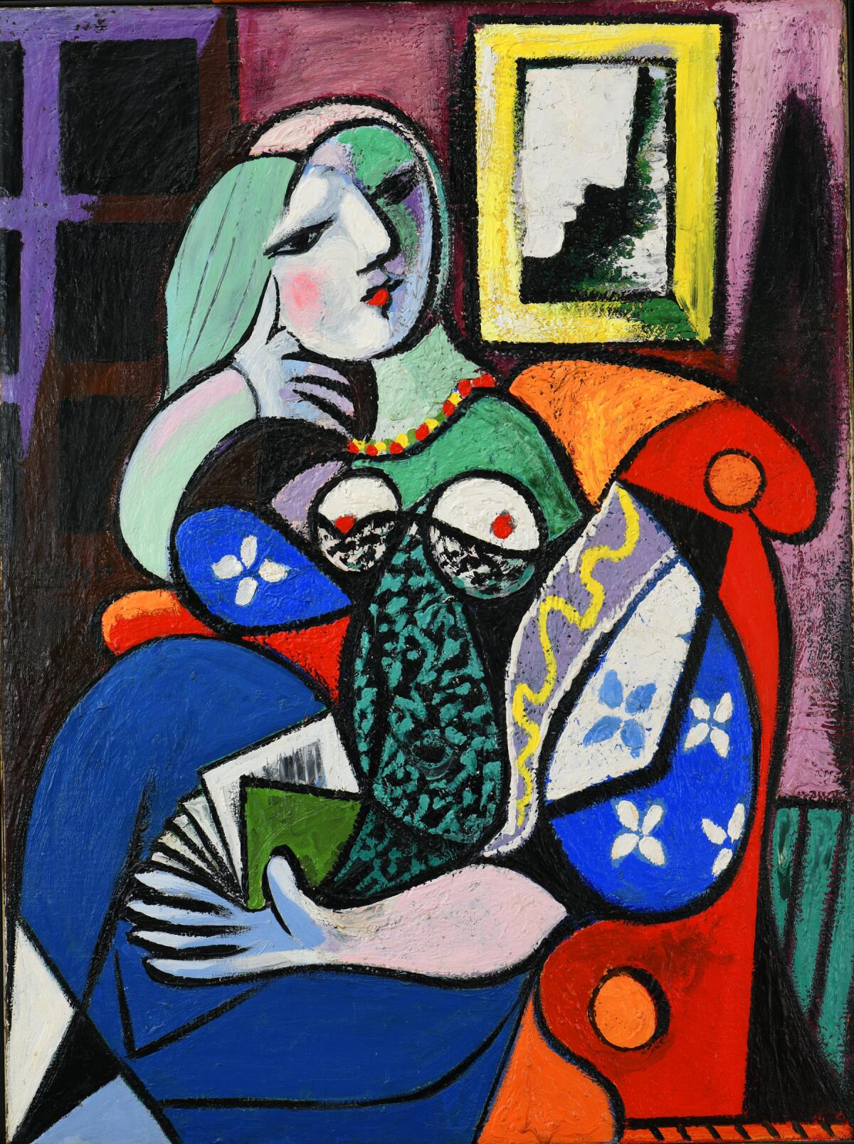 An abstract painting of a woman with a book.