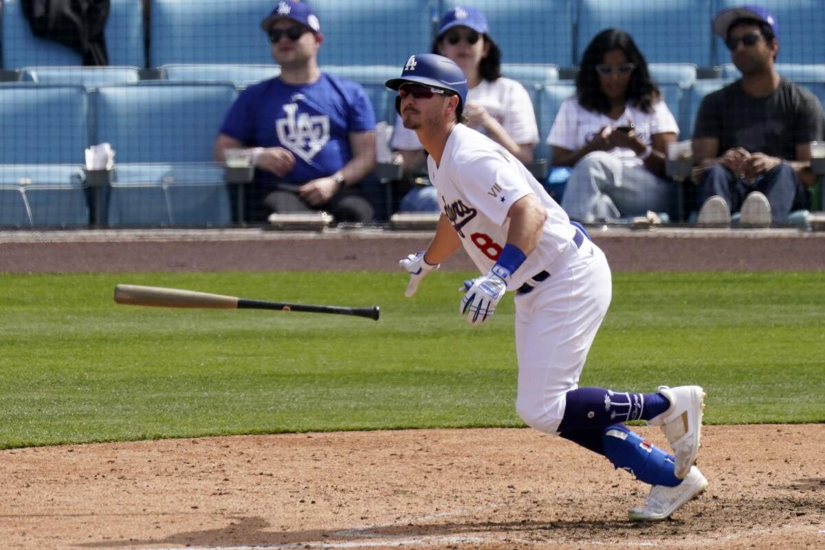 Zach McKinstry hits a two-run home run during the seventh inning of the Dodgers' 3-0 victory.