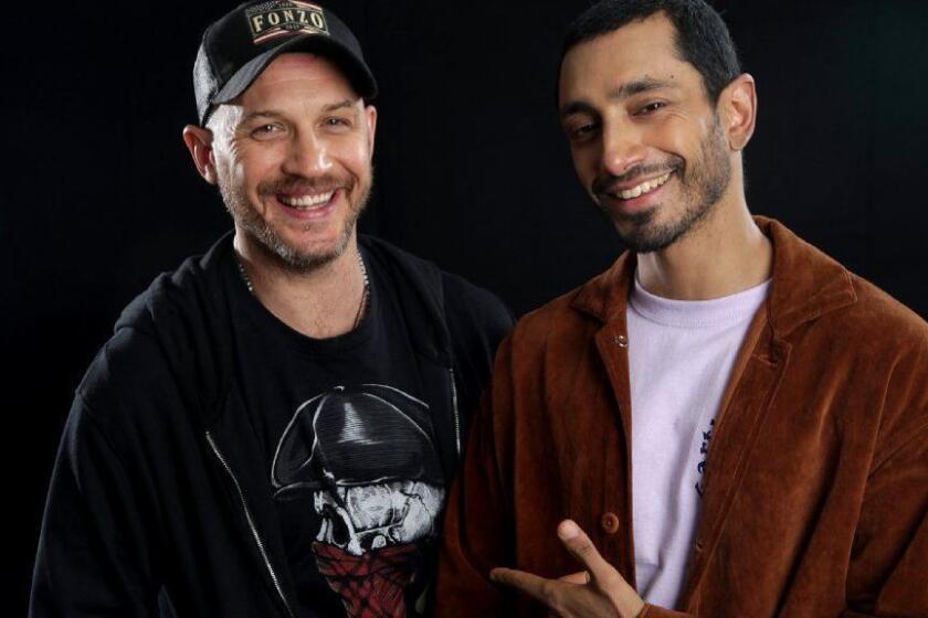BEVERLY HILLS, CA., OCTOBER 2, 2018 --- 'Venom' stars Tom Hardy and Riz Ahmed for Sony's new Marvel super-antihero movie. The film is dark and set in the world of Spider-Man and superheroes (but is about Venom, played by Tom Hardy; Riz Ahmed plays his antagonist). (Kirk McKoy / Los Angeles Times)