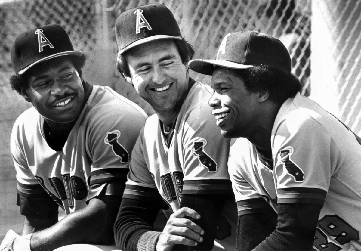 March 4, 1981: Million-dollar Angels from left: Don Baylor, Fred Lynn and Rod Carew have a few laughs during the team's training camp in Palm Springs.