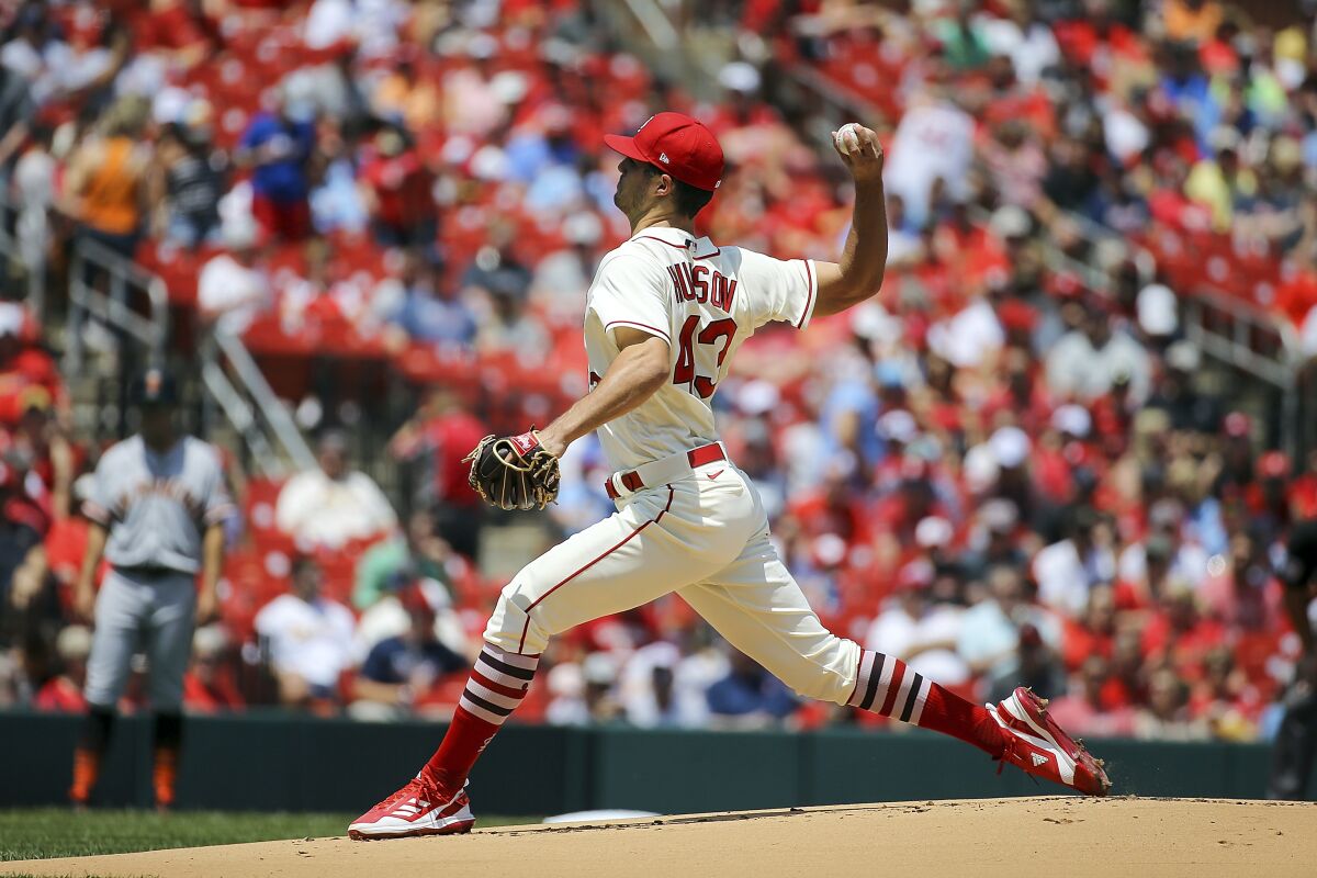 St. Louis Cardinals starting pitcher Dakota Hudson (43) throws during the first inning of a baseball game against the San Francisco Giants, Saturday, May 14, 2022, in St. Louis. (AP Photo/Scott Kane)