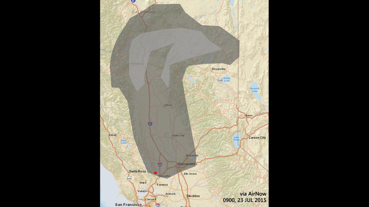 The smoke plume from the Wragg fire as mapped by AirNow.