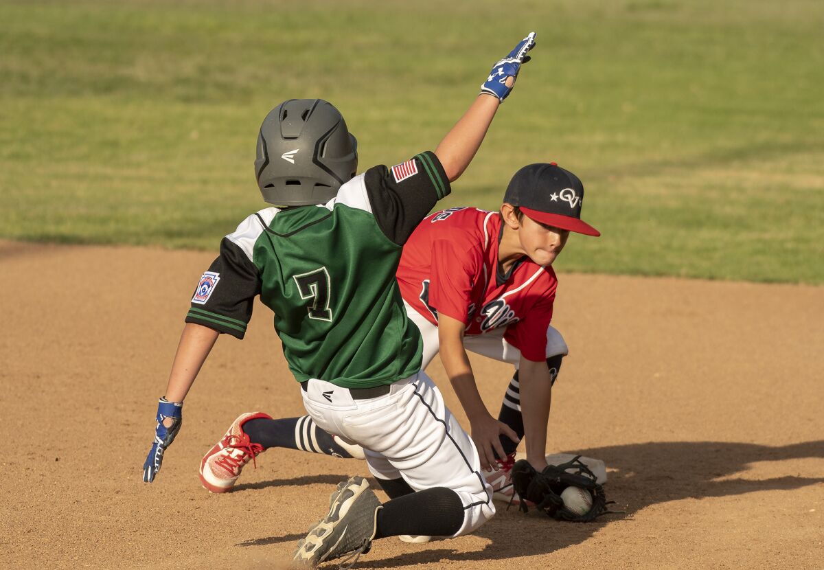 A child wearing a helmet with his arms stretched, and another child wearing a baseball cap