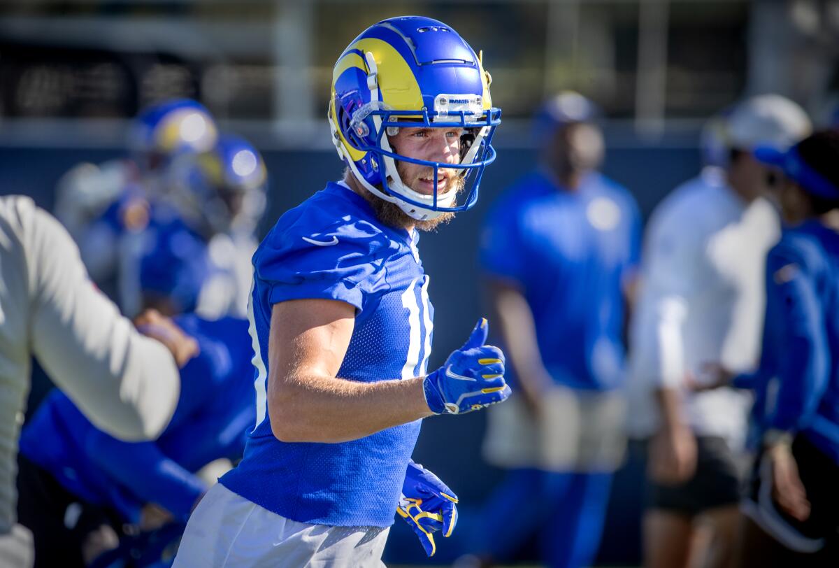 Rams wide receiver Cooper Kupp gives a thumbs up during training camp.