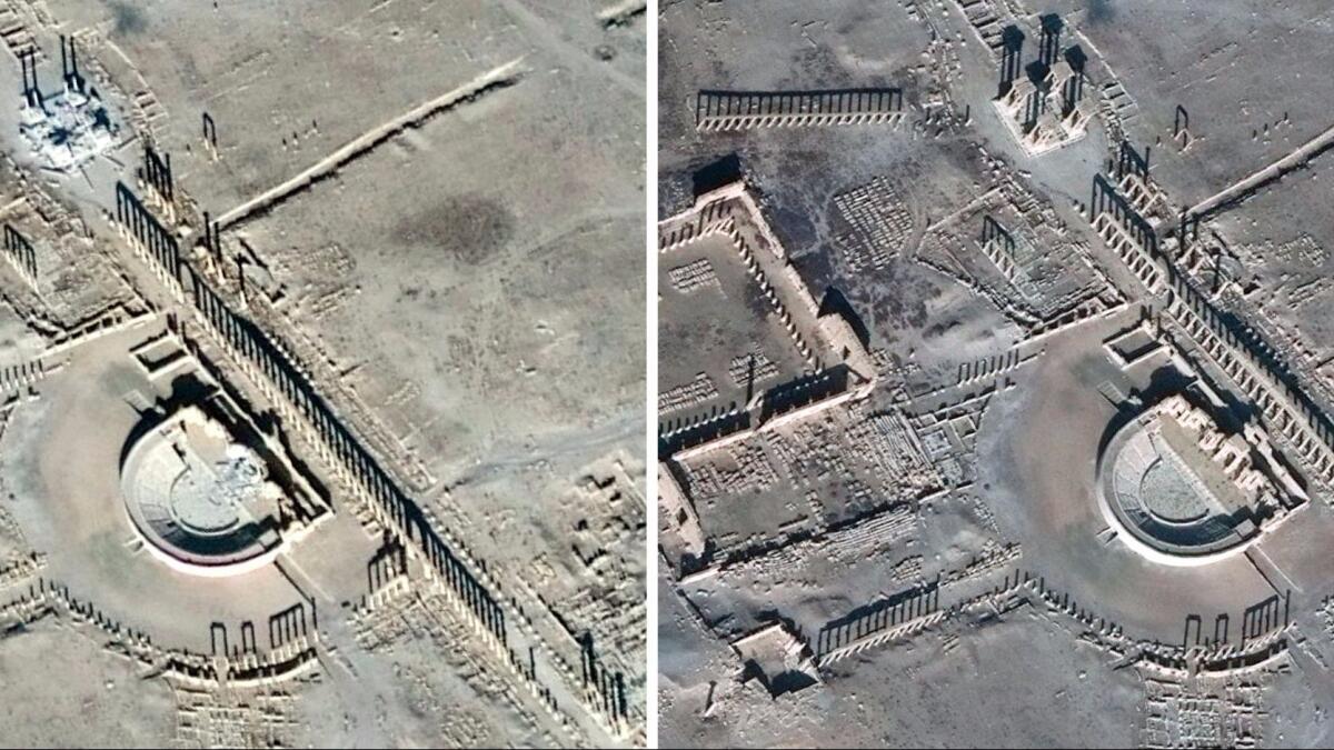 This combination of photographs shows satellite-detected images of the damaged Roman tetrapylon and amphitheater in the ancient Syrian city of Palmyra.