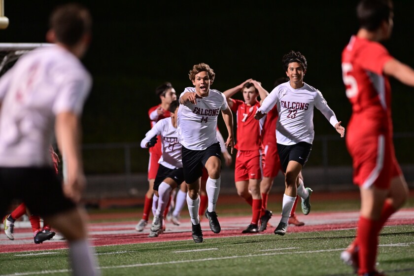 Andrew Mitchell (14) celebrates his goal .