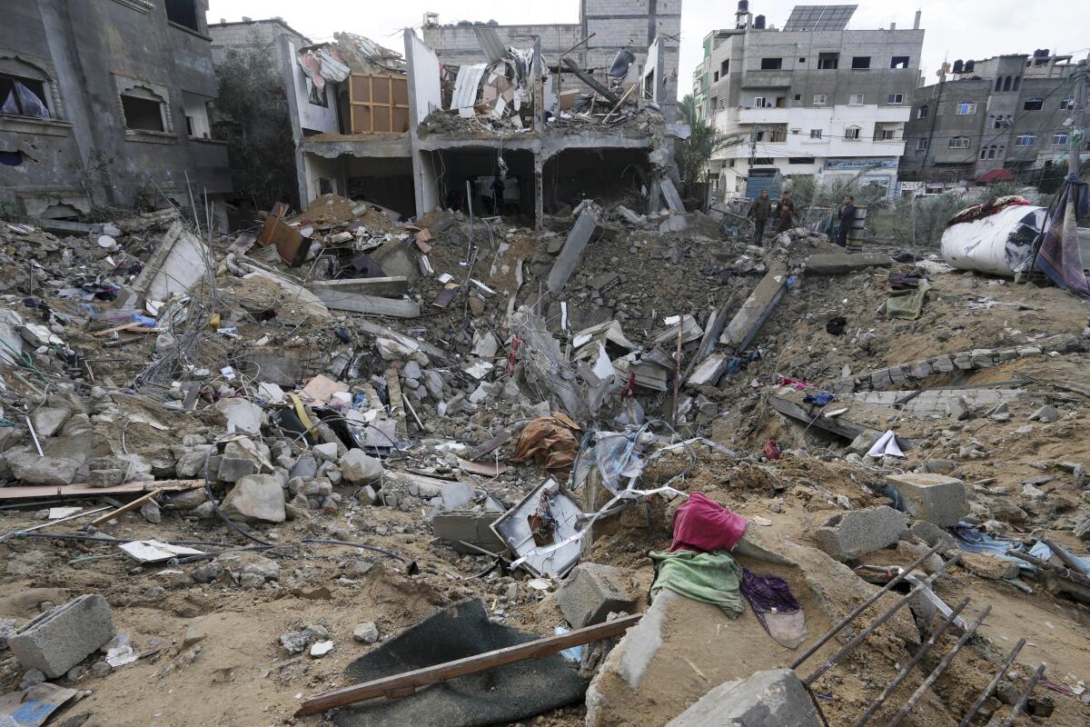 Rubble and debris from an Israeli strike on a building in Deir el Balah, Gaza