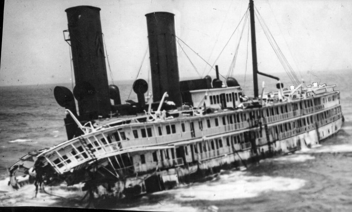 June 12, 1931: Wreck of the Harvard two weeks after the passenger ship ran aground in fog at Point Arguello. The forward third of the ship had already broken off.