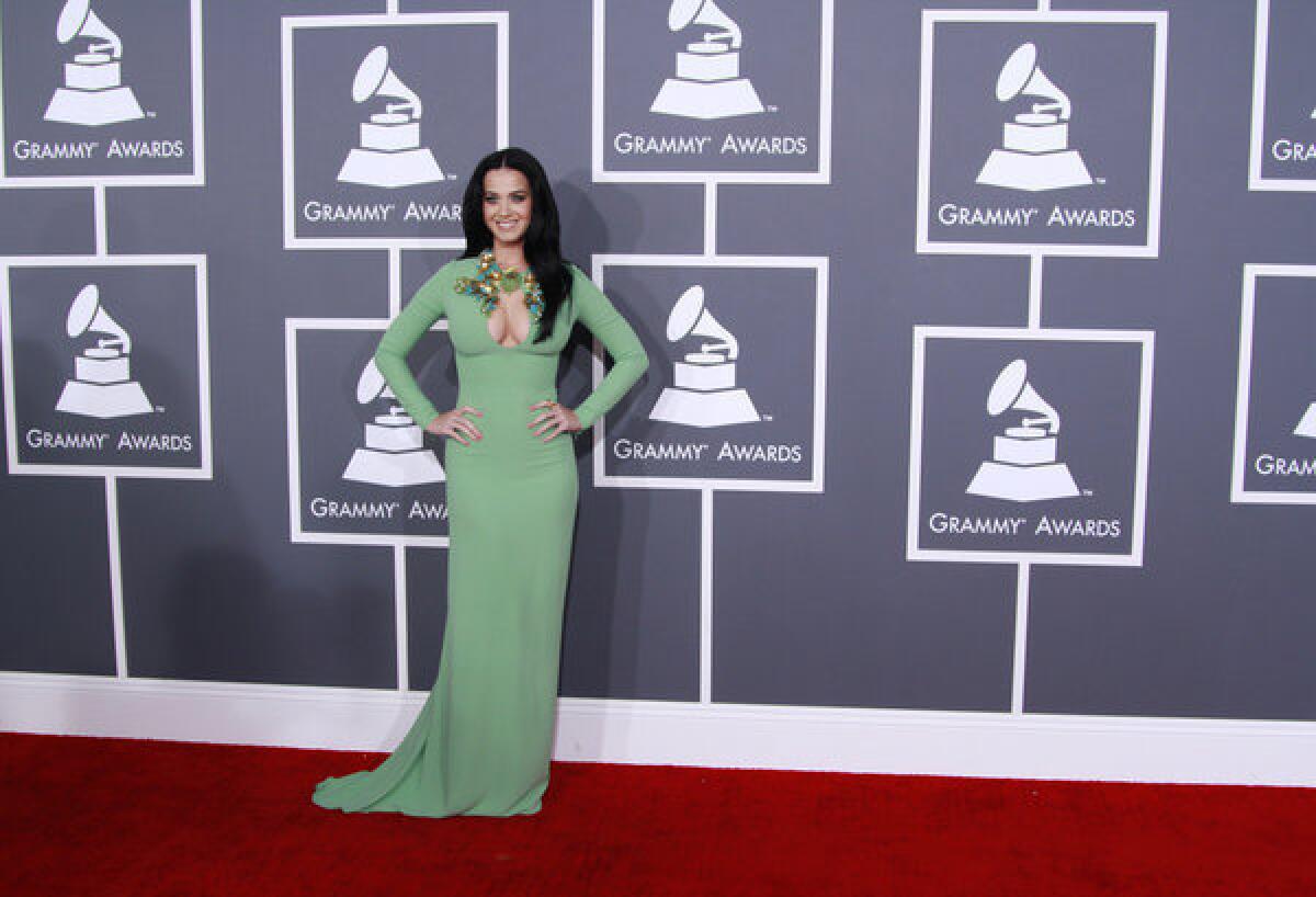 Katy Perry arrives for the 55th Grammy Awards at Staples Center.