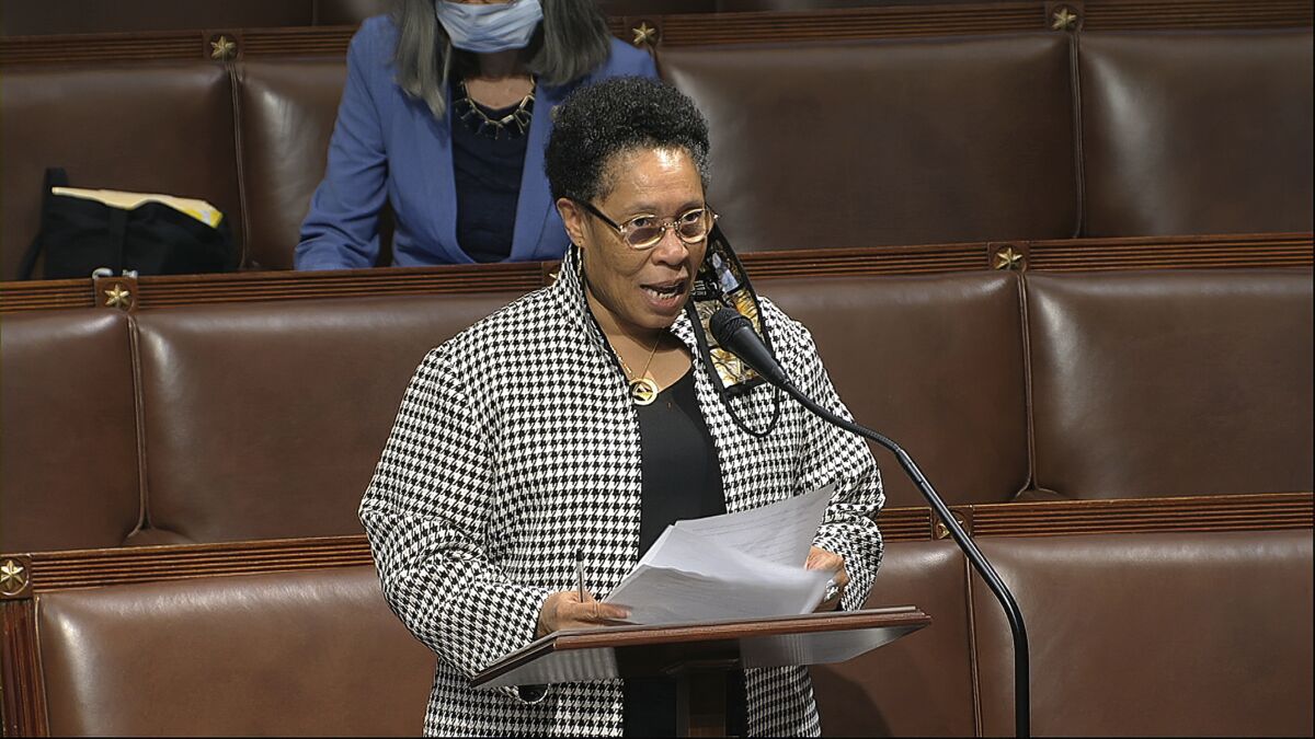 In this image from video, Rep. Marcia Fudge, D-Ohio, speaks on the floor of the House of Representatives at the U.S. Capitol in Washington, Thursday, April 23, 2020. Two Democratic women are contenders to be President-elect Joe Biden's secretary of agriculture. Rep. Marcia Fudge of Ohio and former Sen. Heidi Heitkamp of North Dakota are in the running for the Cabinet position. (House Television via AP)
