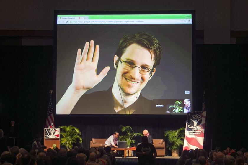 Edward Snowden appears on a live video feed broadcast from Moscow at an event sponsored by the American Civil Liberties Union in February.