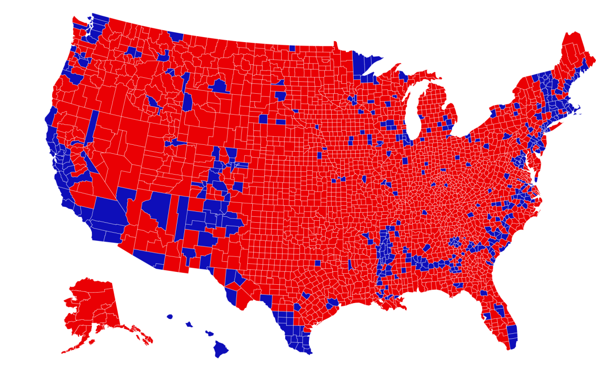 A U.S. map shows county-by-county breakdowns of election results in blue and red.