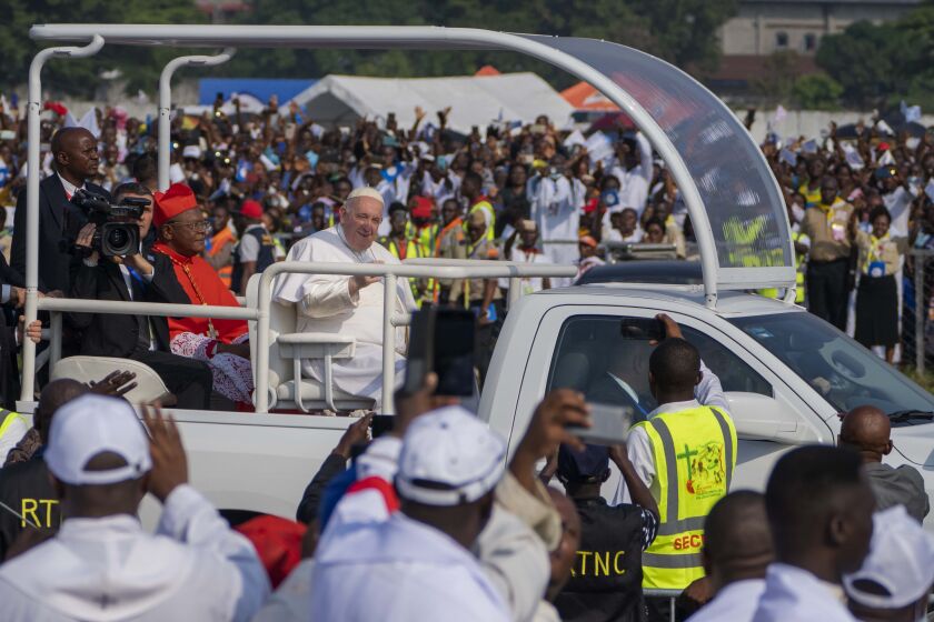 Pope Francis arrives at Ndolo airport to celebrate Holy Mass, in Kinshasa, Congo, Wednesday Feb. 1, 2023. Francis is in Congo and South Sudan for a six-day trip, hoping to bring comfort and encouragement to two countries that have been riven by poverty, conflicts and what he calls a "colonialist mentality" that has exploited Africa for centuries. (AP Photo/Jerome Delay)