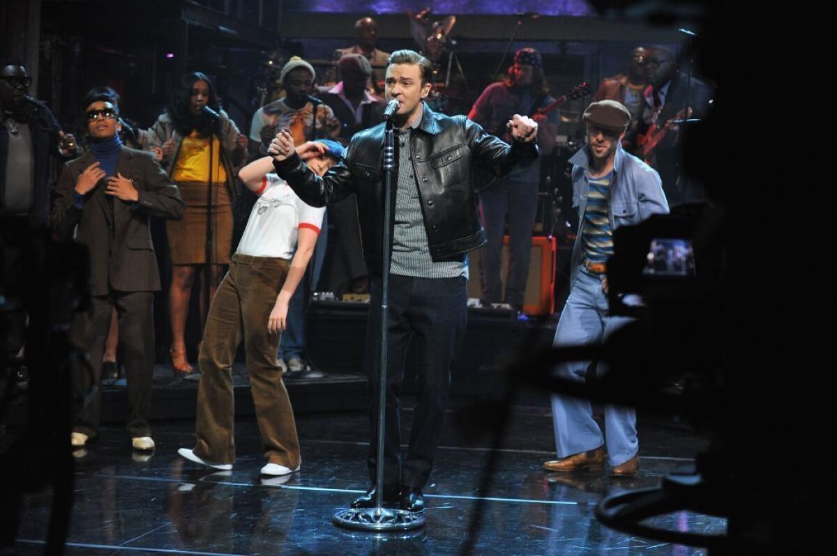 Justin Timberlake performs during a taping of "Late Night With Jimmy Fallon" at Rockefeller Center on Monday.