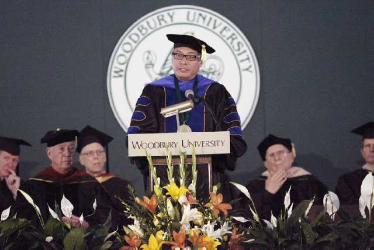 Dr. Luis Ma R. Calingo speaks during his inauguration and installation as Woodbury's 13th president, which took place at Woodbury University in Burbank.