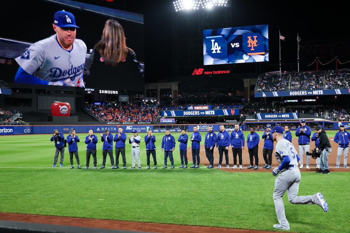 Dodgers players are introduced before Game 3 of the NLCS against the Mets at Citi Field on Wednesday night.