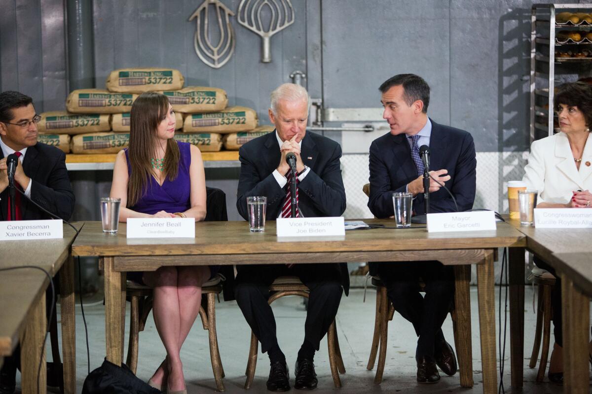 From left: Congressman Xavier Becerra, Jennifer Beall, Vice President Joe Biden, Mayor Eric Garcetti and Congresswoman Lucille Roybal-Allard, attend a roundtable discussion with business and local leaders to discuss the importance of raising the minimum wage in L.A.