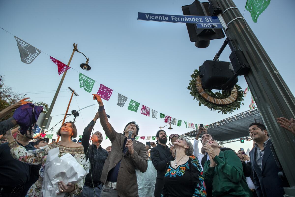 People cheer and look up at a street sign that says, "Vicente Fernández Avenue."