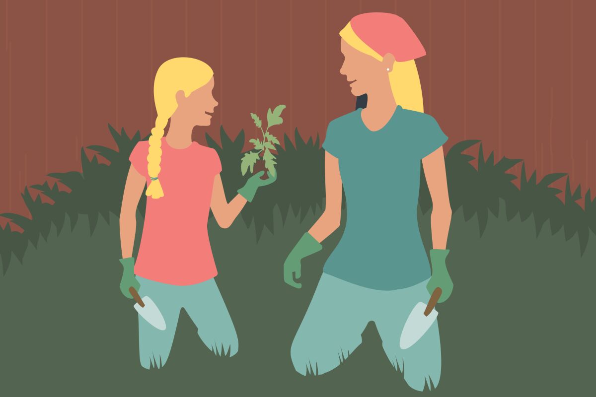 An illustration of a mother and daughter gardening