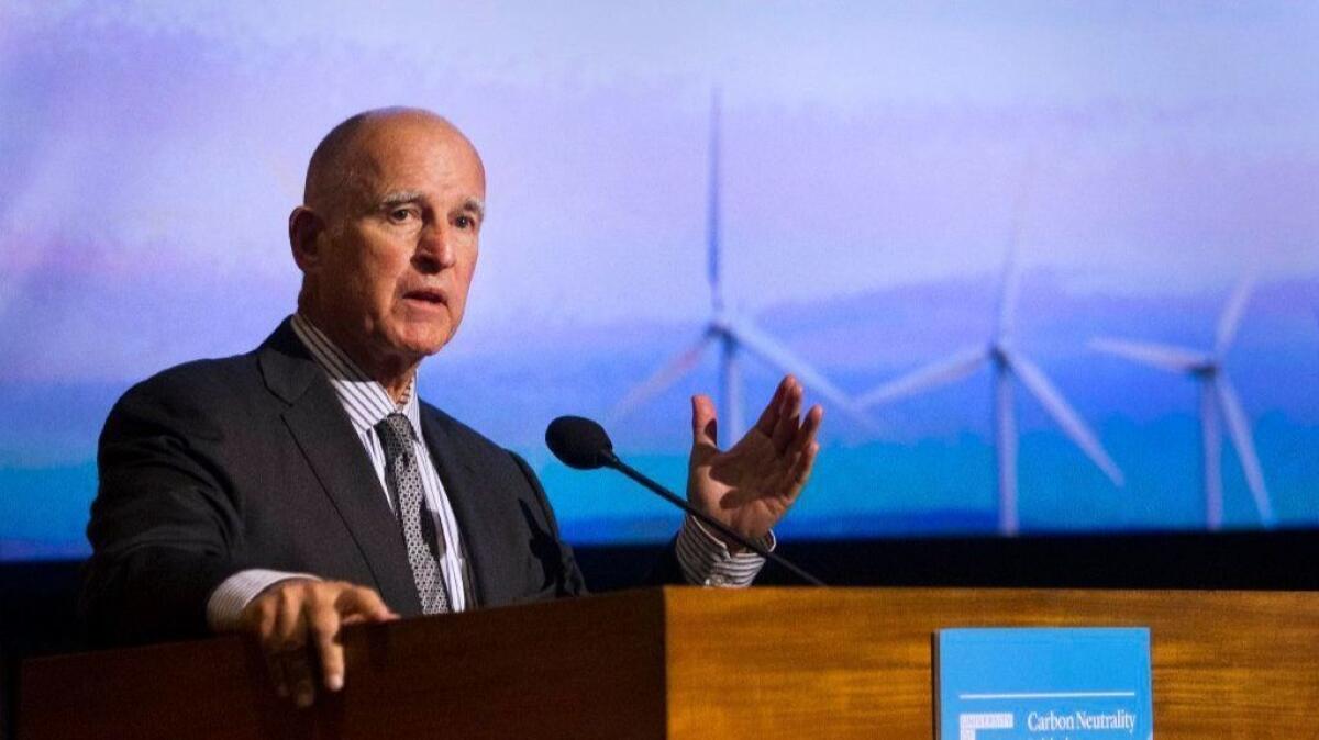California Gov. Jerry Brown addresses the University of California Carbon and Climate Neutrality Summit in San Diego.