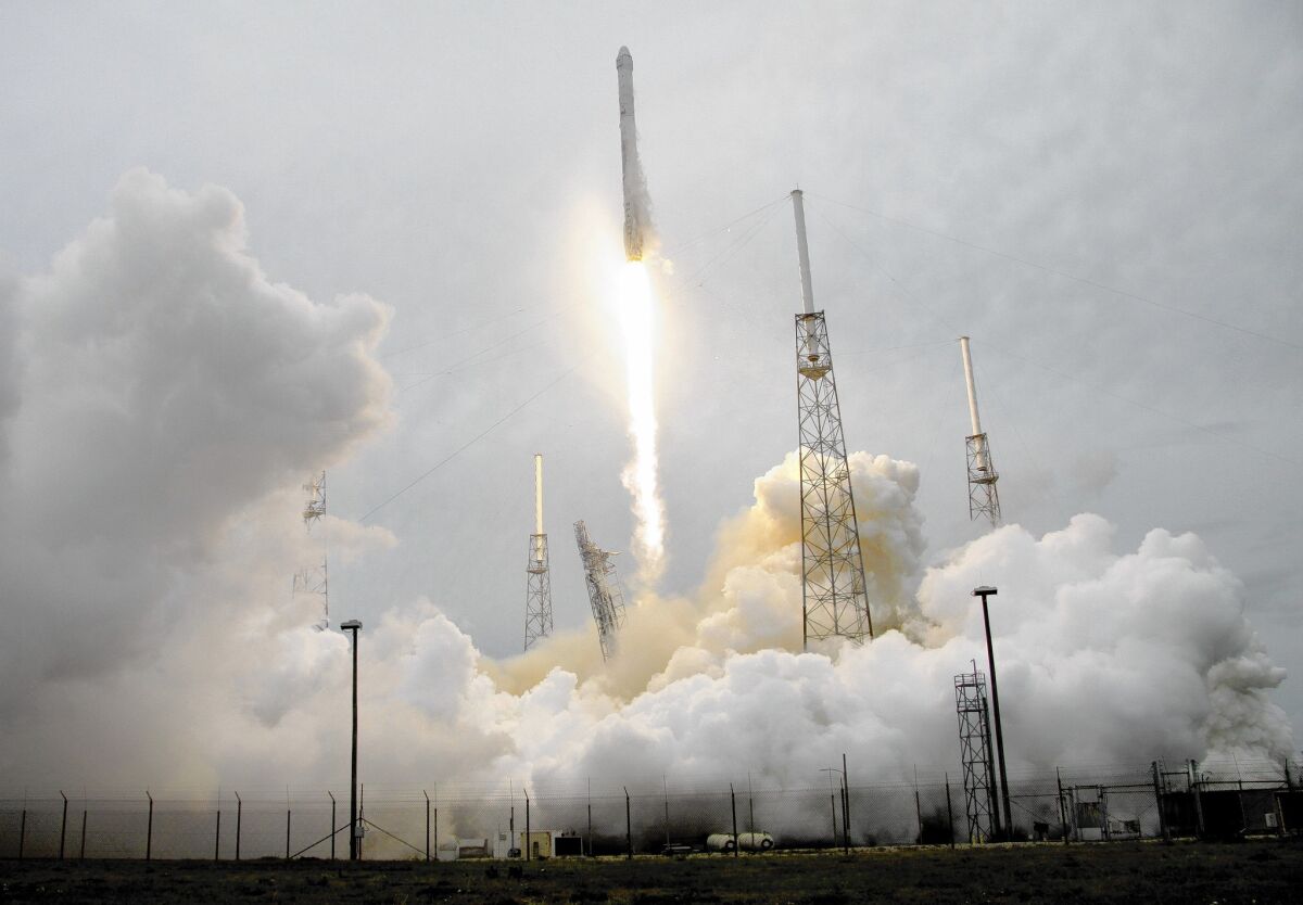 A Falcon 9 rocket carrying the SpaceX Dragon ship lifts off April 18 from Cape Canaveral Air Force Station in Florida.