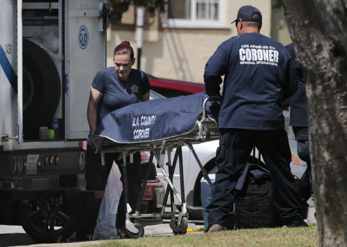 Los Angeles County Sheriff homicide detectives and officials from the L.A. County coroner's office remove human remains from an apartment in the Harbor Hills Housing Project in Lomita. The remains were of Raven Campbell.