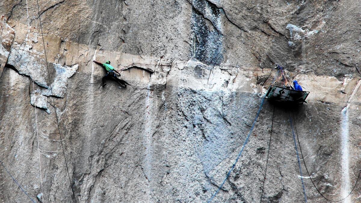 Kevin Jorgeson climbs Pitch 15 on the Dawn Wall of Yosemite National Park's El Capitan on Jan. 9. Jorgeson had tried and failed to complete the challenging pitch several times before finally succeeding.