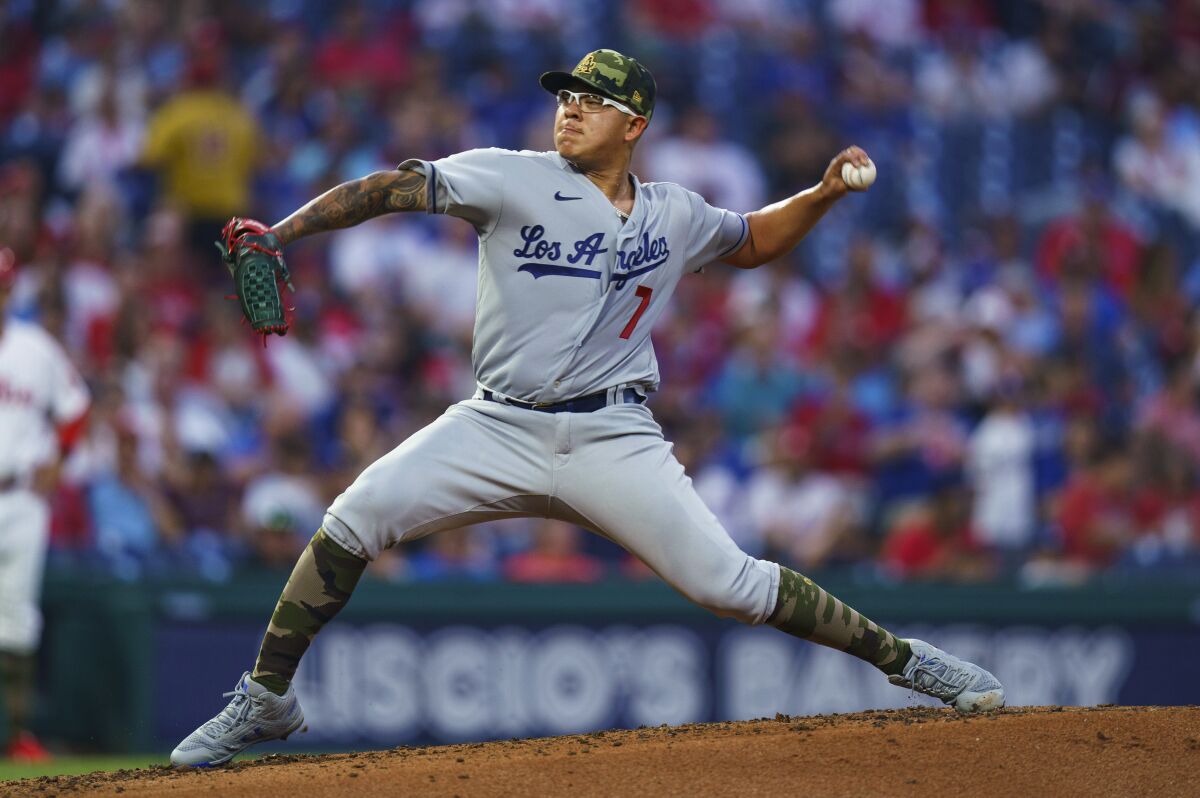 Los Angeles Dodgers starting pitcher Julio Urias throws during the second inning.