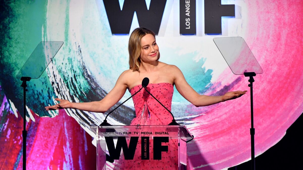 Honoree Brie Larson accepts the Crystal Award for Excellence in Film onstage during Women In Film's Crystal + Lucy Awards at the Beverly Hilton Hotel in Beverly Hills on June 13.