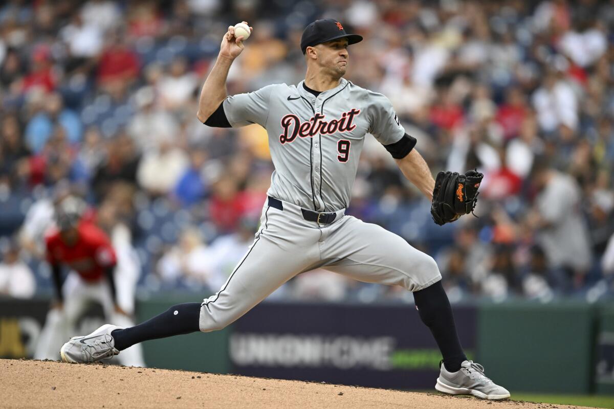 Tigers starting pitcher Jack Flaherty delivers during the first inning of a game against the Guardians last Wednesday.