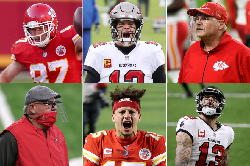 Travis Kelce, Tom Brady, Andy Reid, Mike Evans, Patrick Mahomes and Bruce Arians.