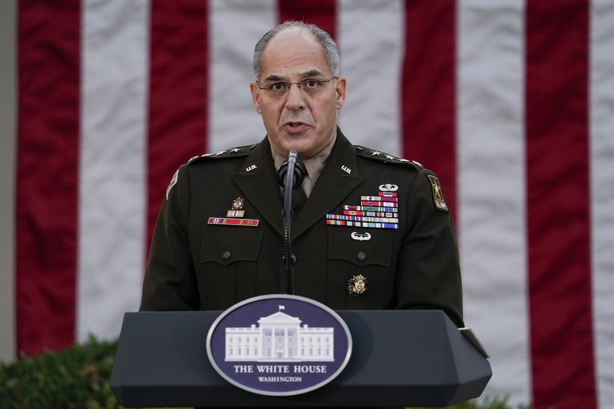 Army Gen. Gustave Perna speaks at the White House on Nov. 13