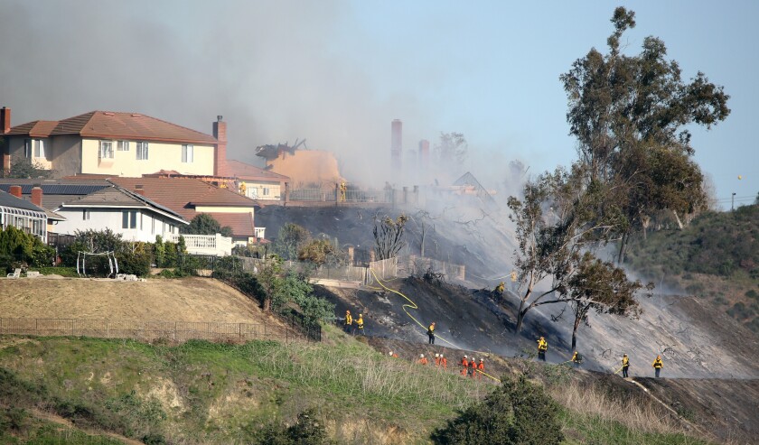 Several firefighters stand on a scorched hillside.