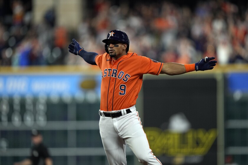 The Astros' Robel Garcia celebrates his game-winning RBI single in the 10th inning against the Angels on April 23, 2021.