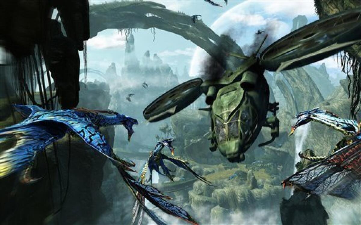 In this video game image released by Ubisoft, a scene from "James Cameron's Avatar: The Game," depicting a SA-2 Samson Transport battling a flock of Banshees over the planet Pandora, is shown. (AP Photo/Ubisoft)