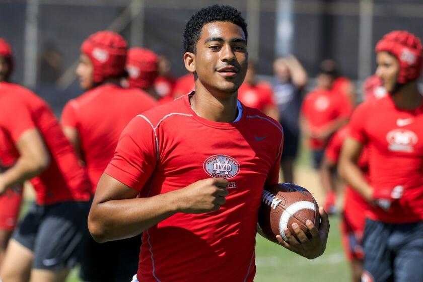 MISSION VIEJO, CA., JULY 13, 2019: Quarterback Bryce Young is the first African American QB at Mater Dei. Young and his and his team compete during the Mission Viejo passing tournament at Mission Viejo High school July 13, 2019 (Mark Boster For the LA Times).