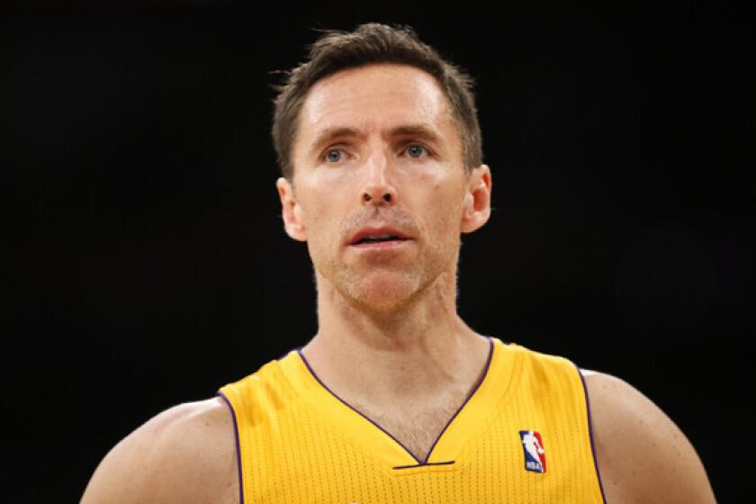Lakers guard Steve Nash is five assists short of moving into third place on the list of the NBA's career assist leaders.