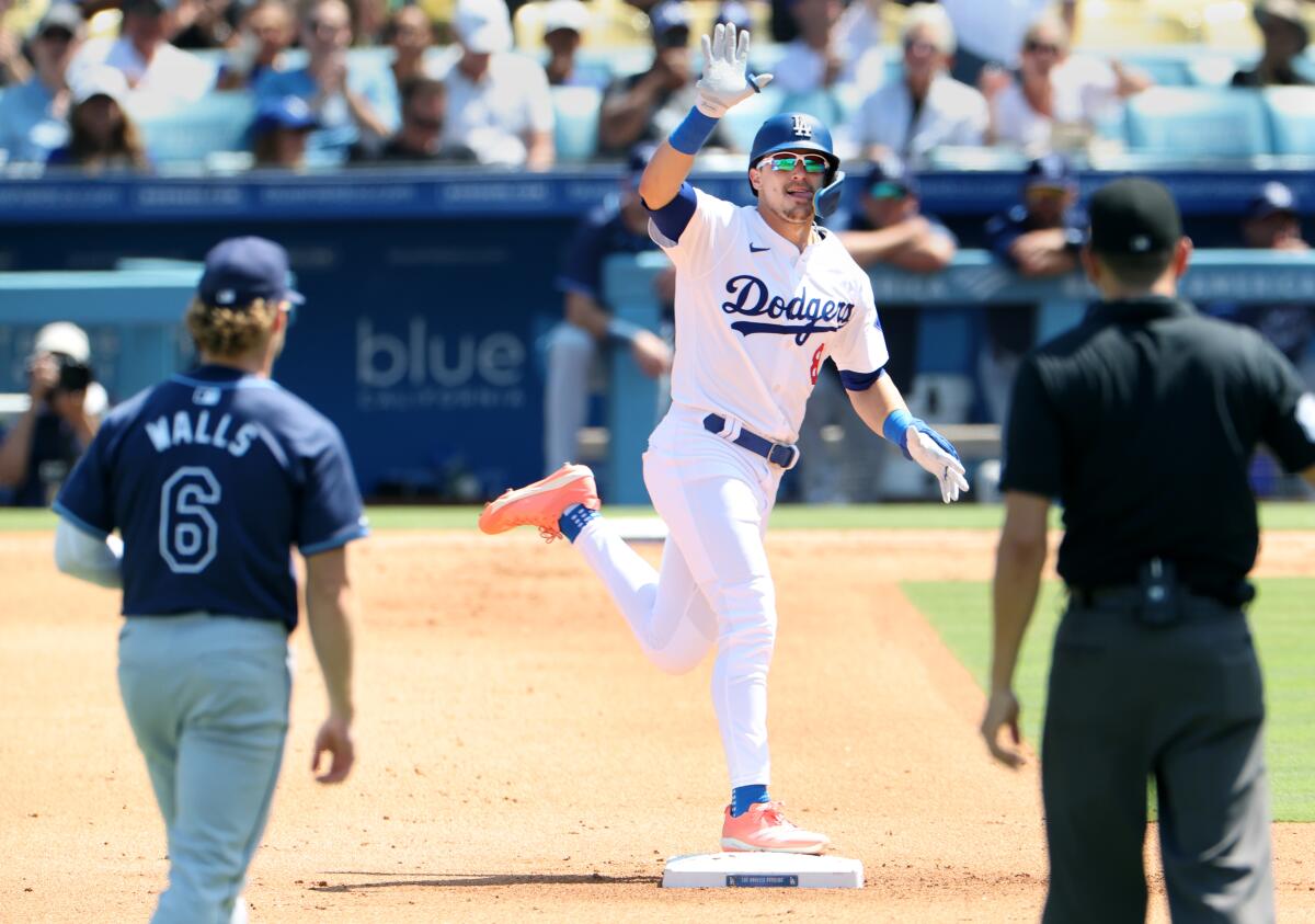 Kiké Hernández rounds second base after hitting a solo home run in the fifth inning against the Rays on Sunday.