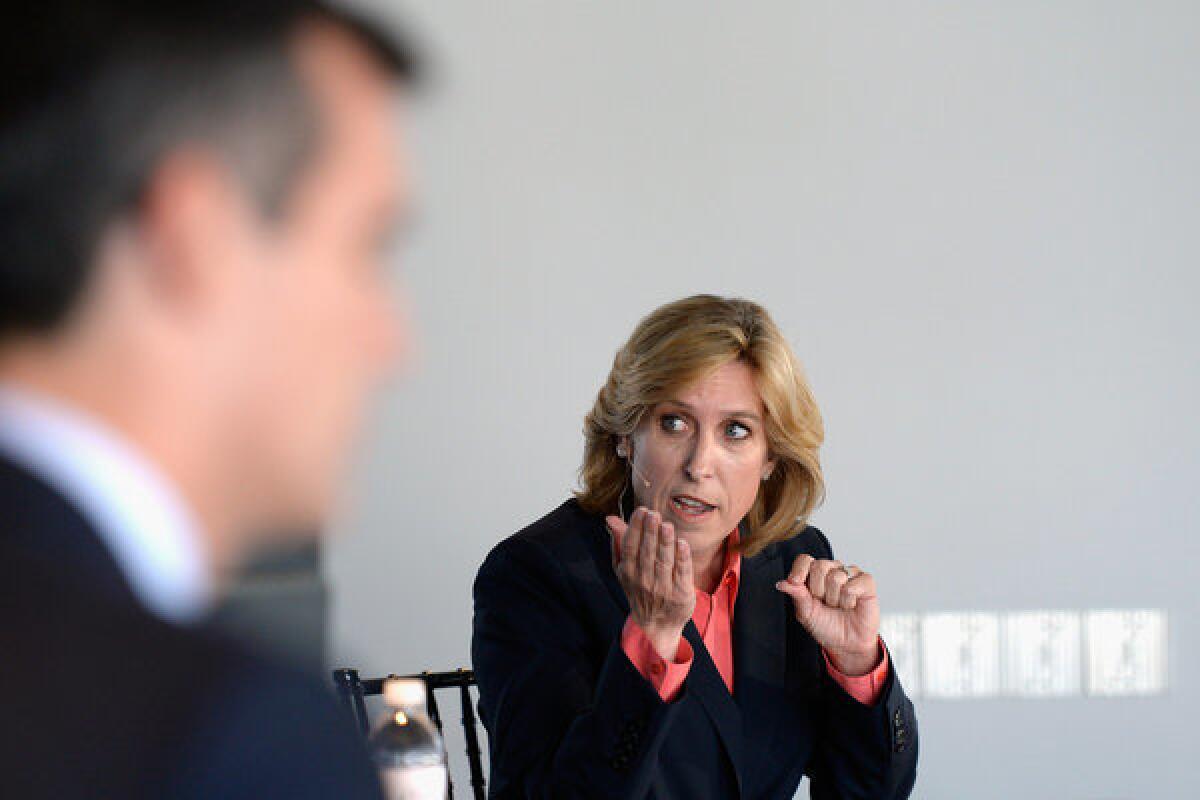 Los Angeles mayoral candidate and City Controller Wendy Greuel speaks during a debate hosted by Zocalo Public Square and KCRW with City Councilman Eric Garcetti, left.