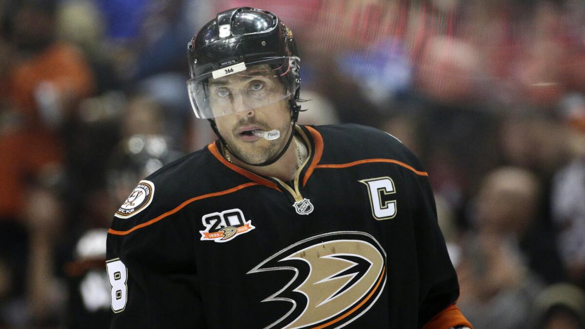 Ducks forward Teemu Selanne skates during a game against the Colorado Avalanche in April. Selanne, who ranks 15th in career NHL scoring, will have his jersey number retired before the Ducks-Winnipeg Jets game at Honda Center on Sunday.