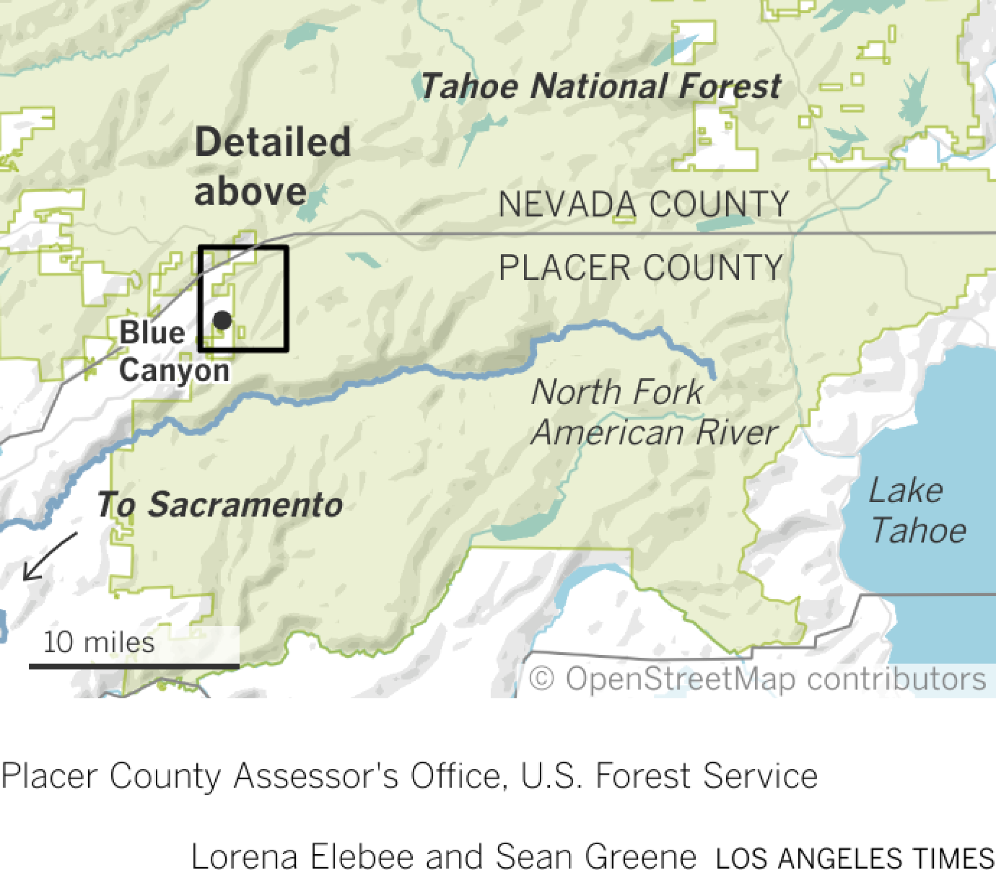Map showing general location of Blue Canyon in relation to Tahoe National Forest, American River and Lake Tahoe.