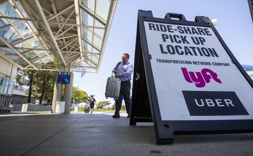 The ride-share pick up location at Ontario International Airport in Ontario, Calif. 