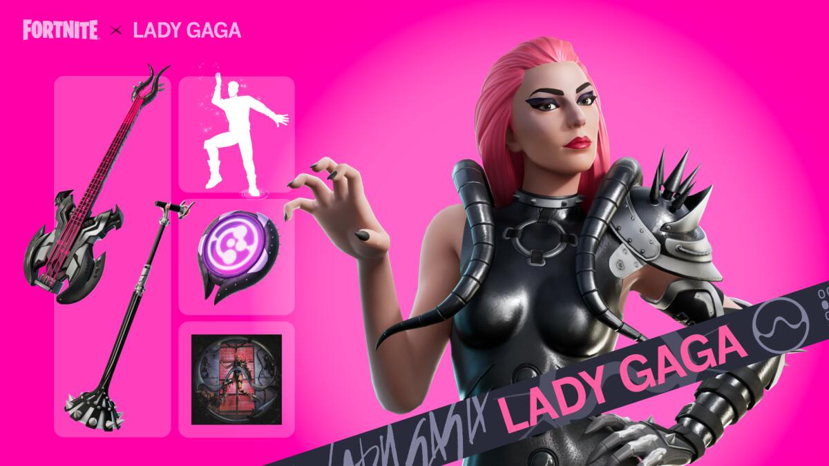 A pink video game screen of an avatar that looks like Lady Gaga in a black, spiky outfit holding up her hand in a claw