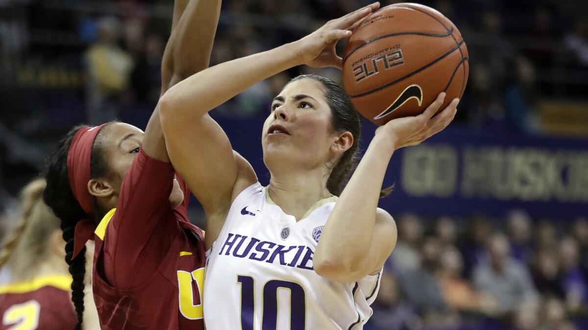 All-time NCAA scoring leader Kelsey Plum tries to score on a layup against USC's Courtney Jaco during a Pac-12 game Jan. 6.