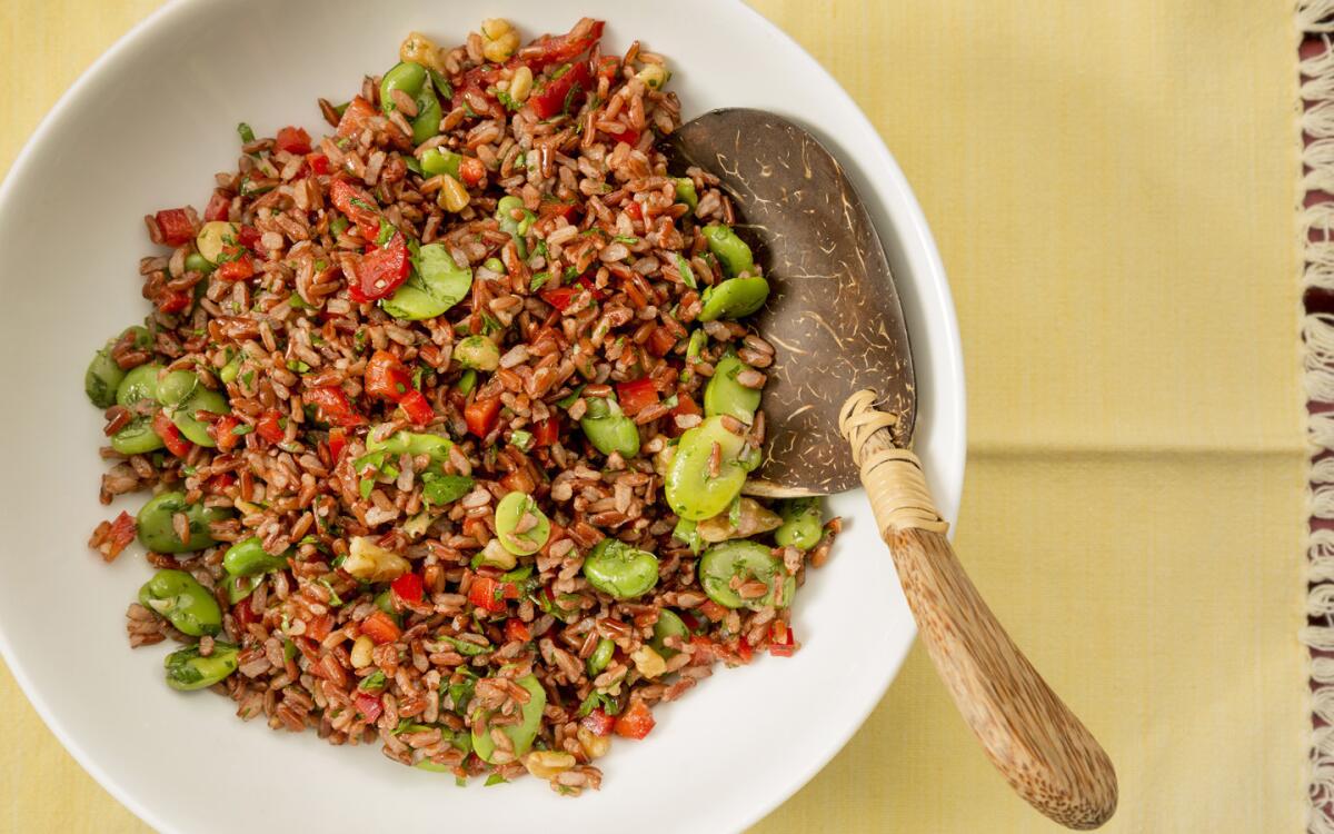Red rice salad with favas, walnuts and red peppers