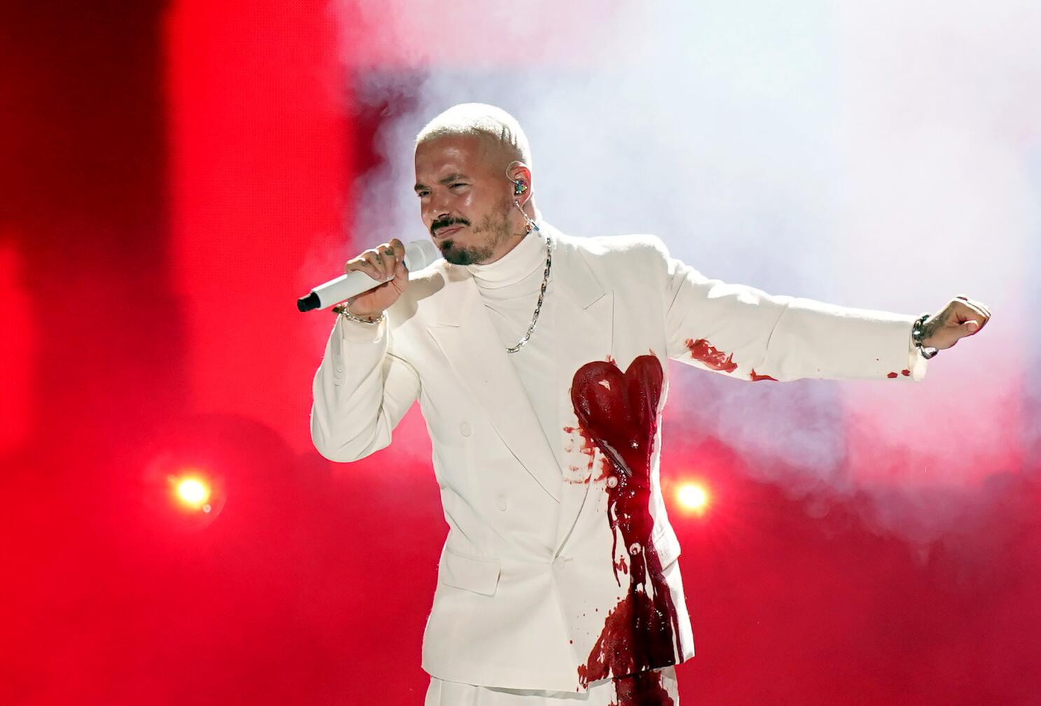 J Balvin Debuts Blue Hair Color With Red Heart at Grammys