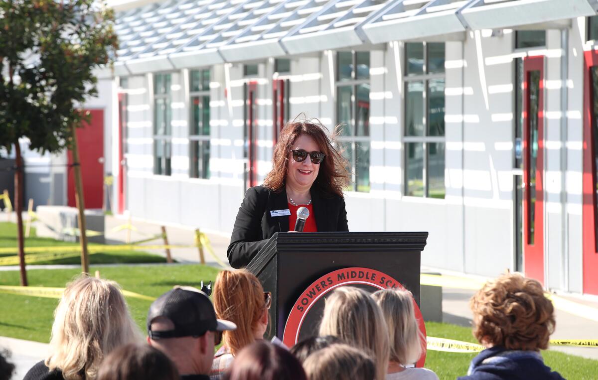 Huntington Beach City School District Supt. Leisa Winston remarks about the project during Thursday's ceremony.