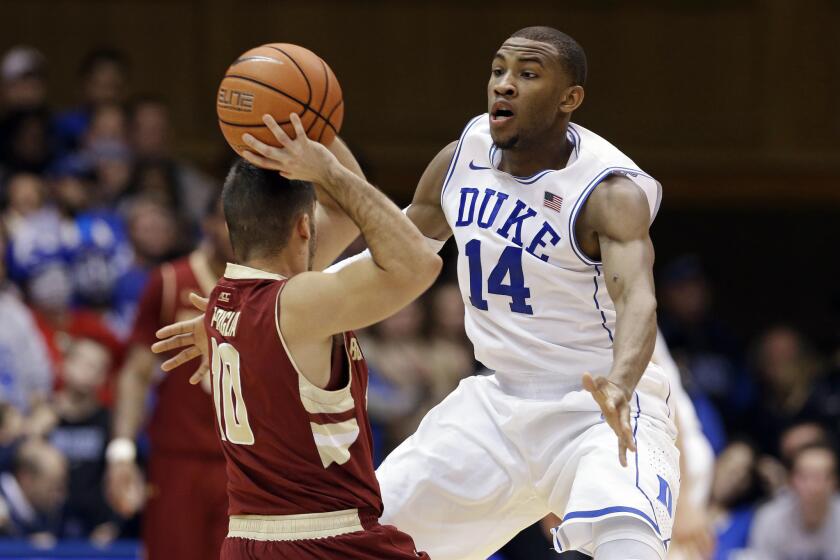 Rasheed Sulaimon, seen here guarding Boston College's Steve Perpiglia, plans to transfer from Duke to Maryland for his final season of college basketball.