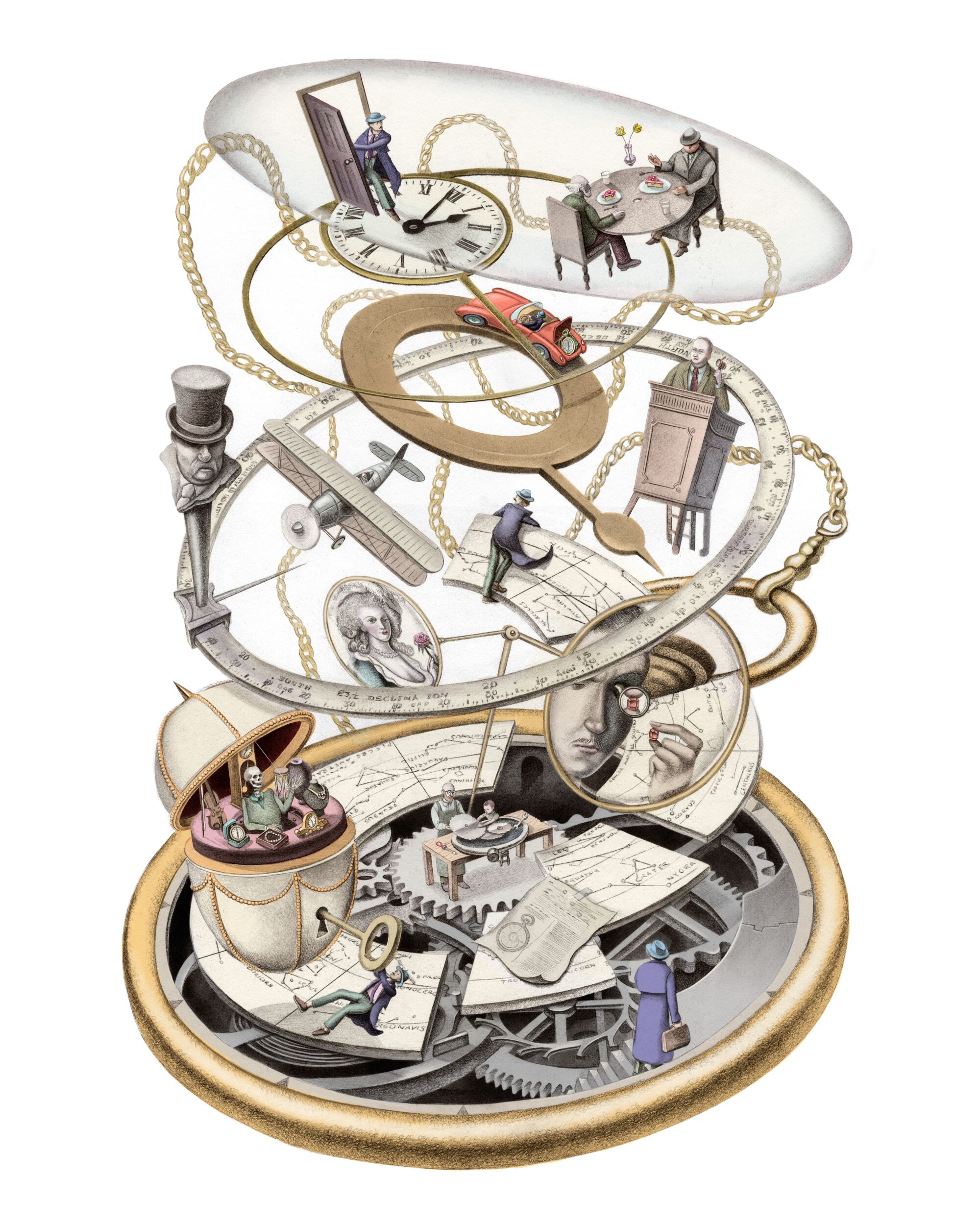 An illustration of a pocketwatch taken apart with narrative scenes located on each layer.