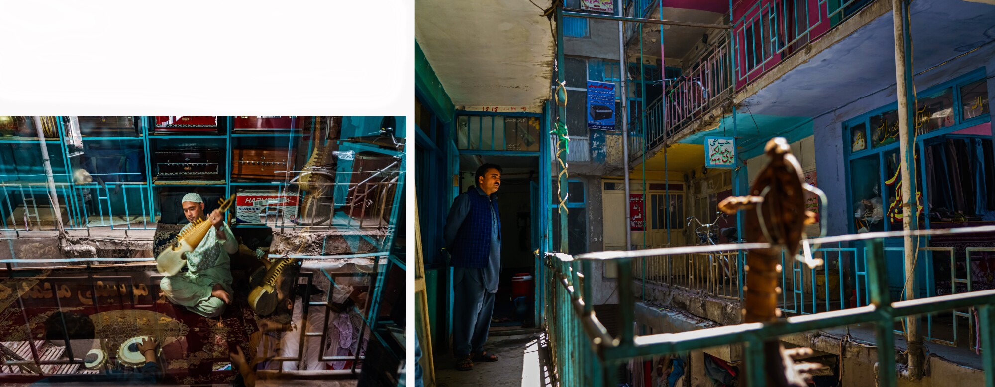 Ramin Saqizada practices a rubab in a music workshop, left. At right, Sheer Agha Mumen Khan.